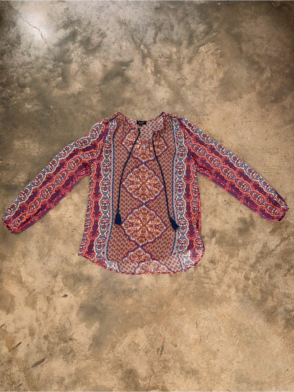 Tolani 100% Silk Paisley Tassel Tie Neck Blouse Top S Fall Family Photos